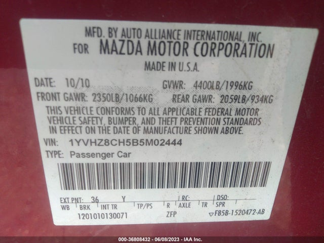 2011 MAZDA MAZDA6 I TOURING PLUS VIN: 1YVHZ8CH5B5M02444
