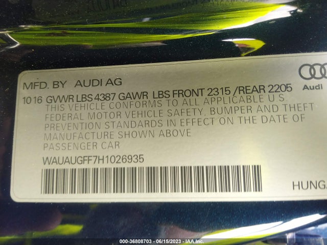 WAUAUGFF7H1026935 Audi A3 Sedan Premium