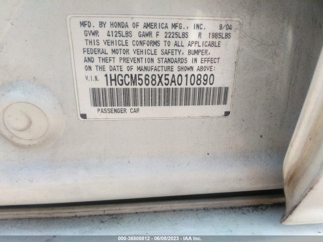 2005 HONDA ACCORD SDN EX-L VIN: 1HGCM568X5A010890