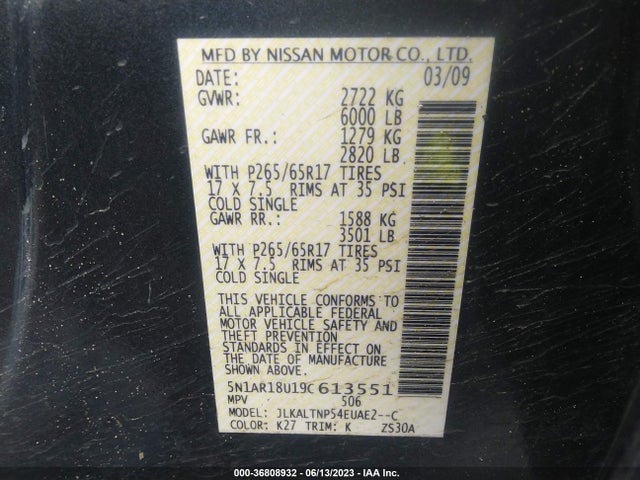 2009 NISSAN PATHFINDER SE VIN: 5N1AR18U19C613551