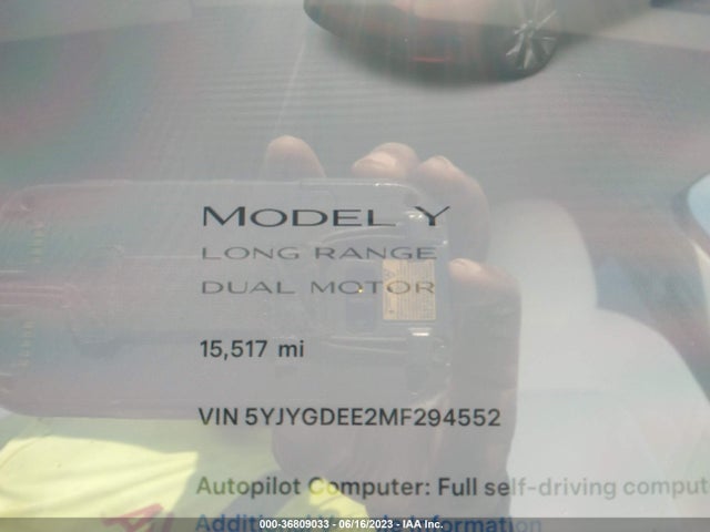 2021 TESLA MODEL Y LONG RANGE VIN: 5YJYGDEE2MF294552