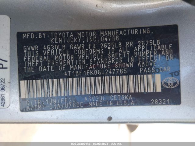 Toyota Camry Xle/se/le/xse 2016 4T1BF1FK0GU247765 Image 16