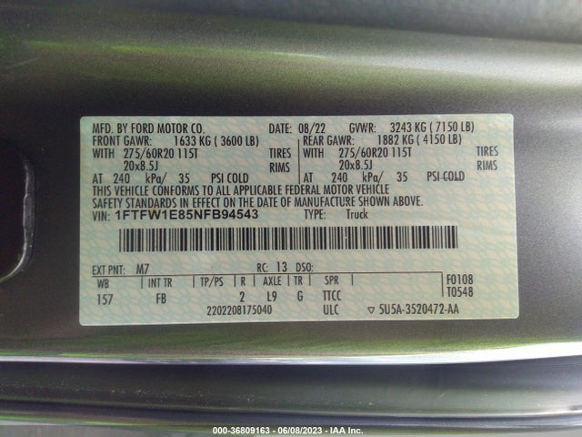 2022 FORD F-150 XL/XLT/LARIAT VIN: 1FTFW1E85NFB94543