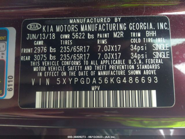 5XYPGDA56KG486693 KIA Sorento Lx V6