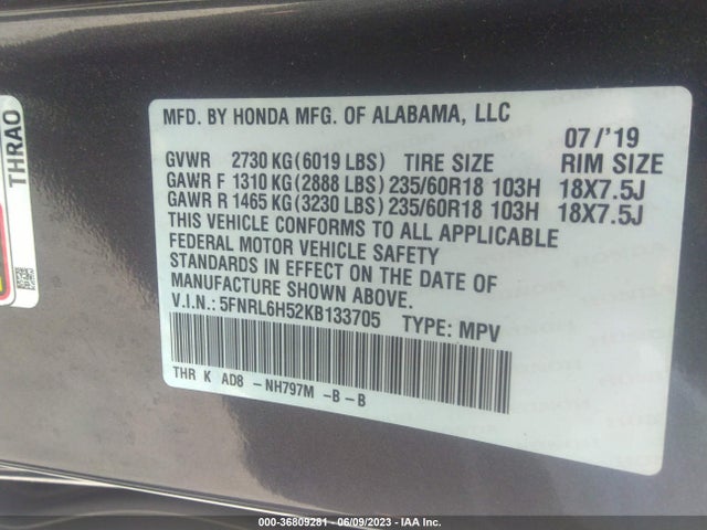 Honda ODYSSEY EX 2019 5FNRL6H52KB133705 Image 9