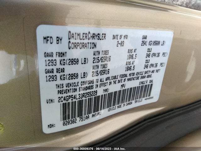 2003 CHRYSLER TOWN & COUNTRY LXI VIN: 2C4GP54L33R255229