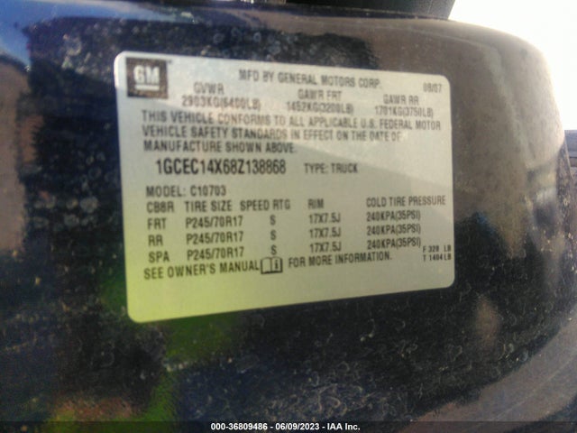 2008 CHEVROLET SILVERADO 1500 WORK TRUCK VIN: 1GCEC14X68Z138868