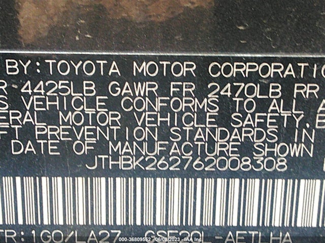 2006 LEXUS IS 250 MANUAL/AUTO VIN: JTHBK262762008308