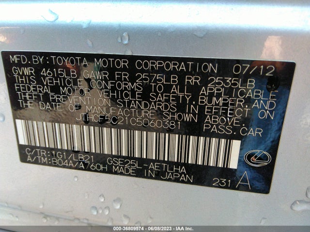 36809574 :رقم المزاد ، JTHCF5C21C5060381 vin ، 2012 Lexus Is 250 مزاد بيع