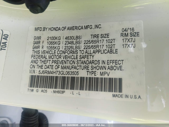 Honda Cr-v Ex-l 2016 5J6RM4H73GL063505 Image 9
