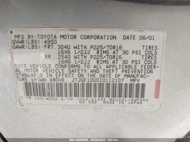 2001 LEXUS RX 300 VIN: JTJGF10U010112107