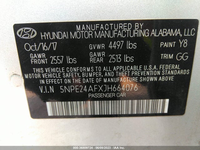 2018 HYUNDAI SONATA SE VIN: 5NPE24AFXJH664076