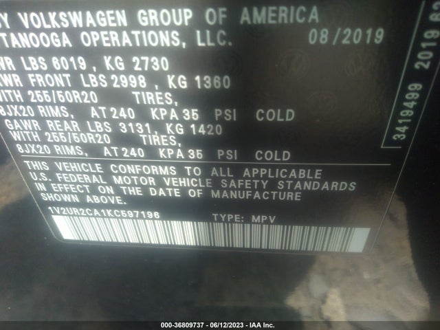 1V2UR2CA1KC597196 Volkswagen Atlas 3.6l V6 Se W/technology