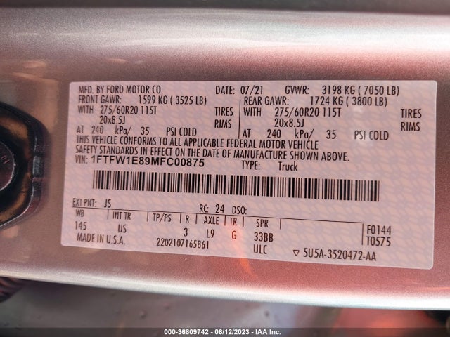 2021 FORD F-150 XL/XLT/LARIAT VIN: 1FTFW1E89MFC00875