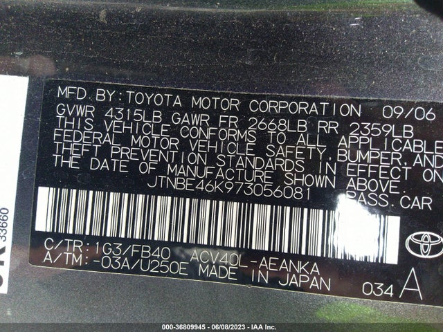 2007 Toyota Camry Ce/le/se/xle მანქანა იყიდება აუქციონზე, vin: JTNBE46K973056081, აუქციონის ნომერი: 36809945