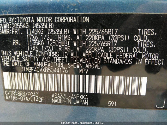 2011 TOYOTA RAV4 VIN: JTMBF4DVXB5044176