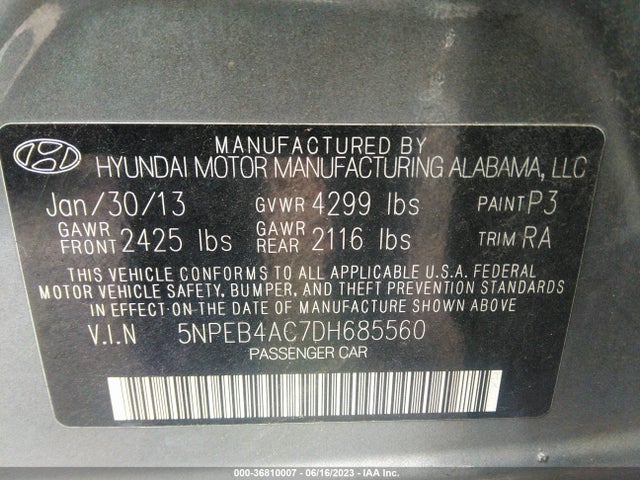 2013 HYUNDAI SONATA GLS PZEV VIN: 5NPEB4AC7DH685560