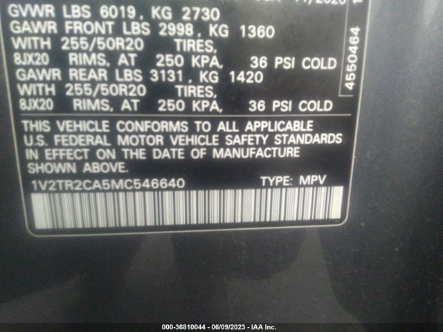 1V2TR2CA5MC546640 Volkswagen Atlas 3.6l V6 Sel Premium