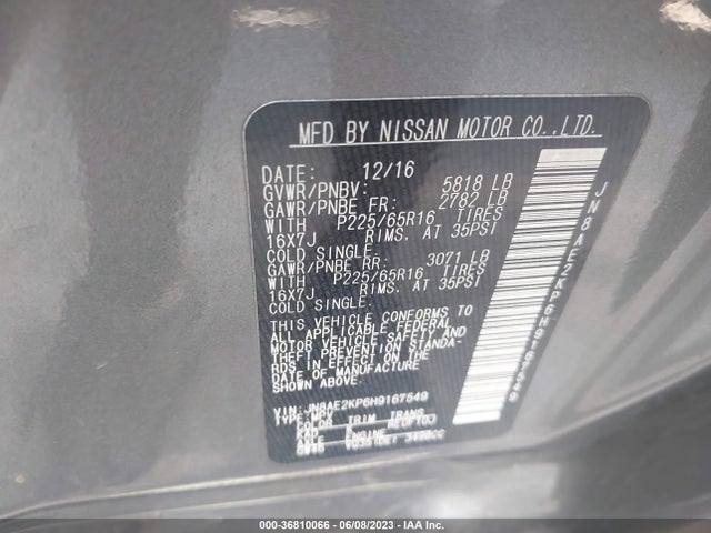 2017 NISSAN QUEST SV VIN: JN8AE2KP6H9167549