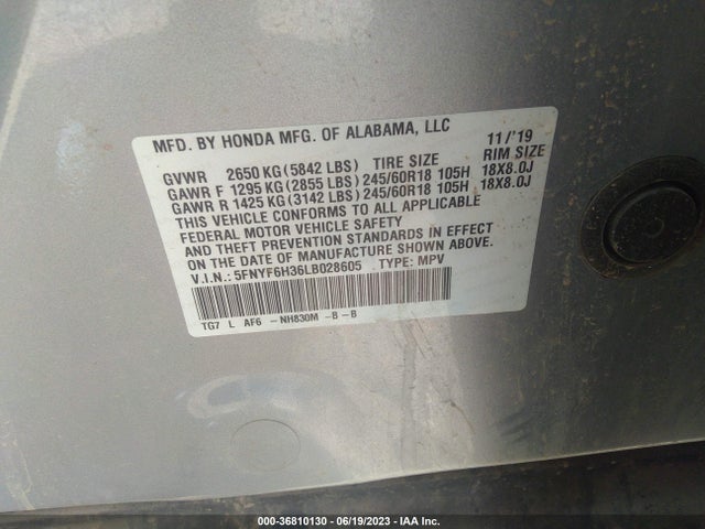 Honda Pilot Ex 2020 5FNYF6H36LB028605 Image 9
