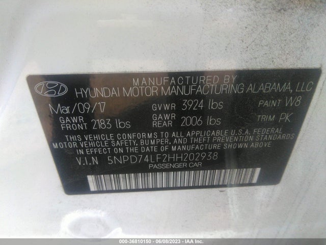 2017 HYUNDAI ELANTRA SE VIN: 5NPD74LF2HH202938
