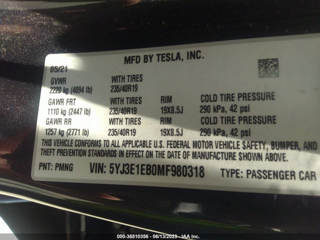 Tesla Model 3 Long Range 2021 5YJ3E1EB0MF980318 Image 17