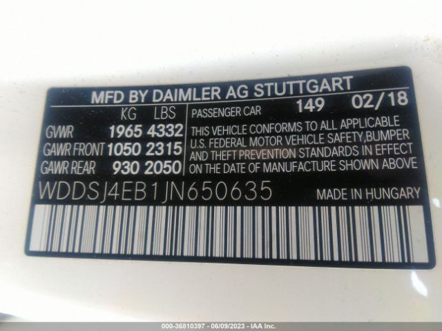 WDDSJ4EB1JN650635 Mercedes-Benz Cla Cla 250