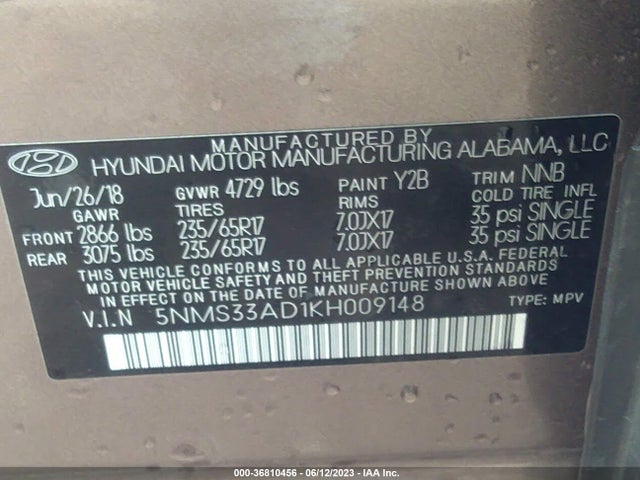 2019 HYUNDAI SANTA FE SEL VIN: 5NMS33AD1KH009148