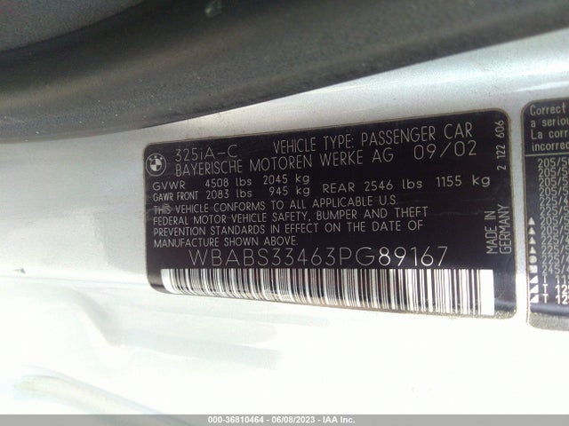 2003 BMW 3 SERIES 325CI VIN: WBABS33463PG89167