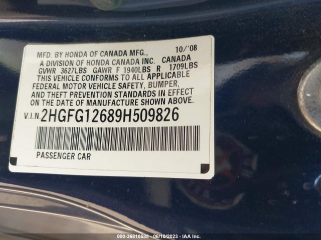 2009 HONDA CIVIC CPE LX VIN: 2HGFG12689H509826