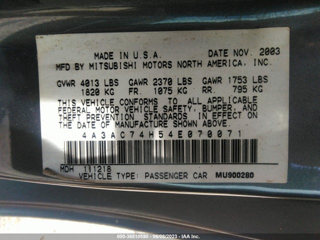 2004 MITSUBISHI ECLIPSE GTS VIN: 4A3AC74H54E070071