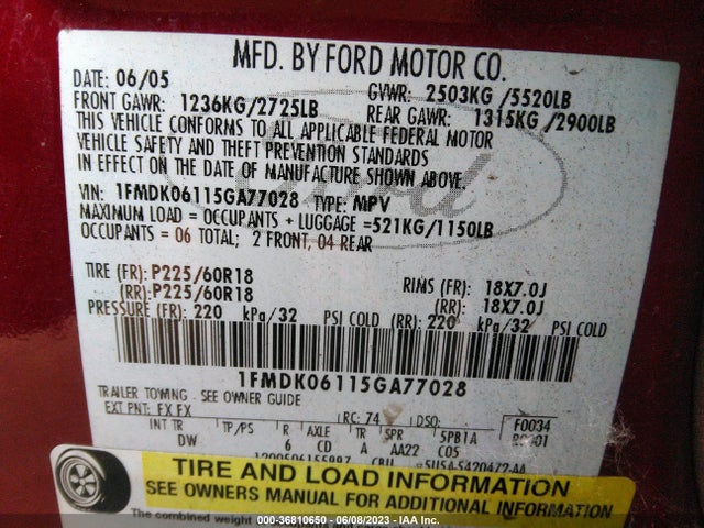 2005 FORD FREESTYLE LIMITED VIN: 1FMDK06115GA77028