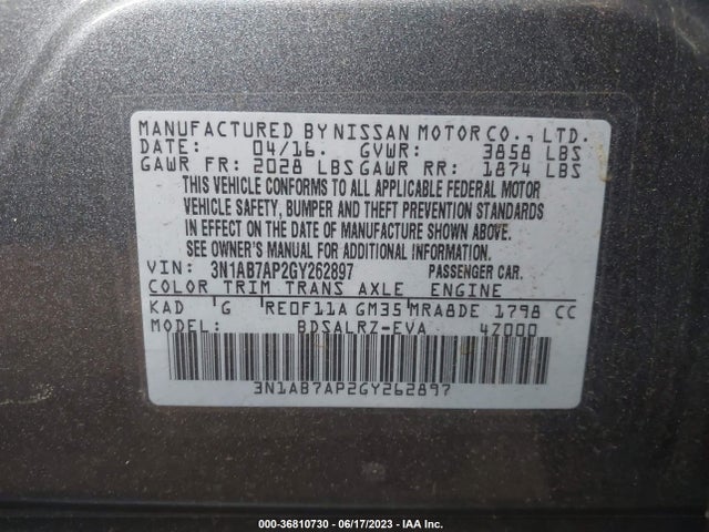 2016 NISSAN SENTRA SR/SL/S/SV/FE+ S VIN: 3N1AB7AP2GY262897