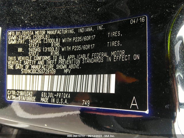 2016 TOYOTA SIENNA XLE/XLE AAS/LTD VIN: 5TDYK3DC2GS729109