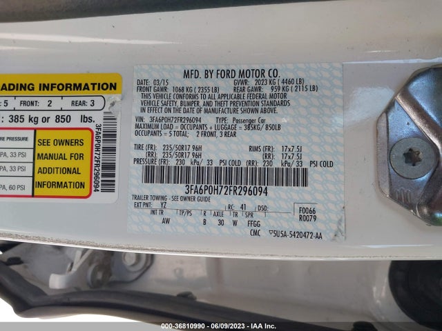 2015 FORD FUSION SE VIN: 3FA6P0H72FR296094