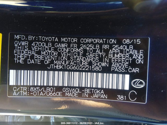 JTHBK1GG6G2221580 Lexus ES 350