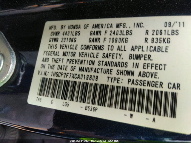 2012 HONDA ACCORD SDN EX VIN: 1HGCP2F7XCA019809