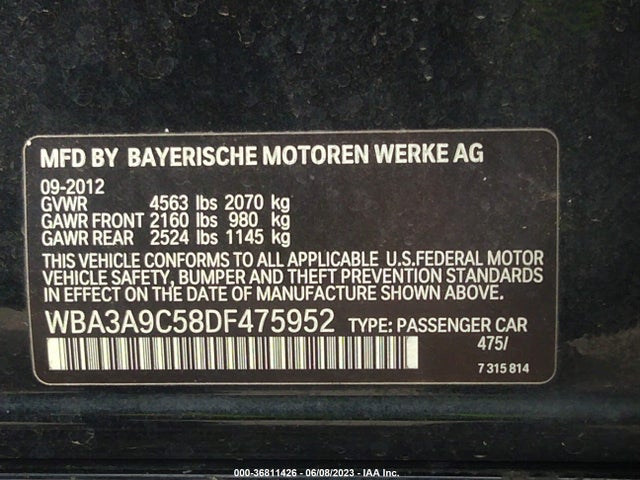 2013 BMW 3 SERIES 335I VIN: WBA3A9C58DF475952