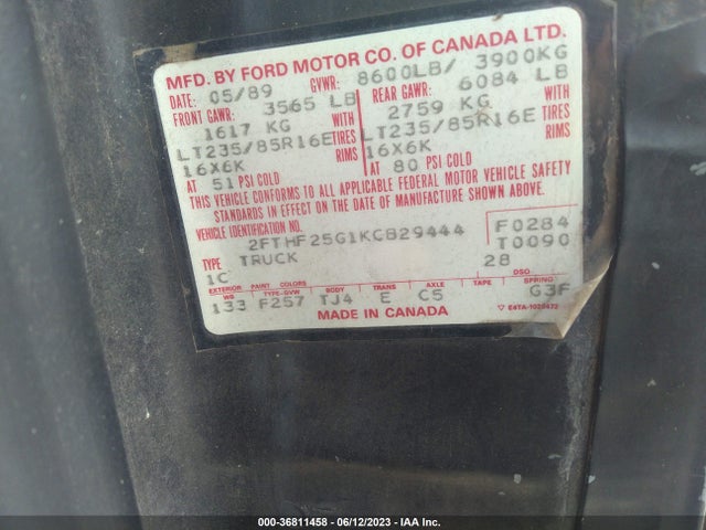 1989 FORD F250 VIN: 2FTHF25G1KCB29444