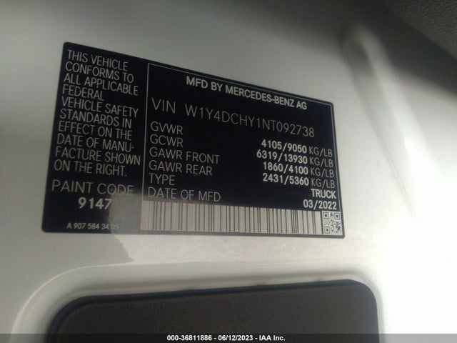 2022 Mercedes-Benz Sprinter, VIN: W1Y4DCHY1NT092738