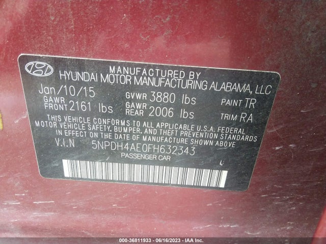 Hyundai Elantra Limited 2015 5NPDH4AE0FH632343 Image 11