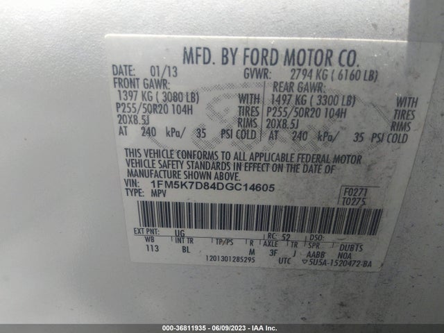 2013 FORD EXPLORER XLT VIN: 1FM5K7D84DGC14605
