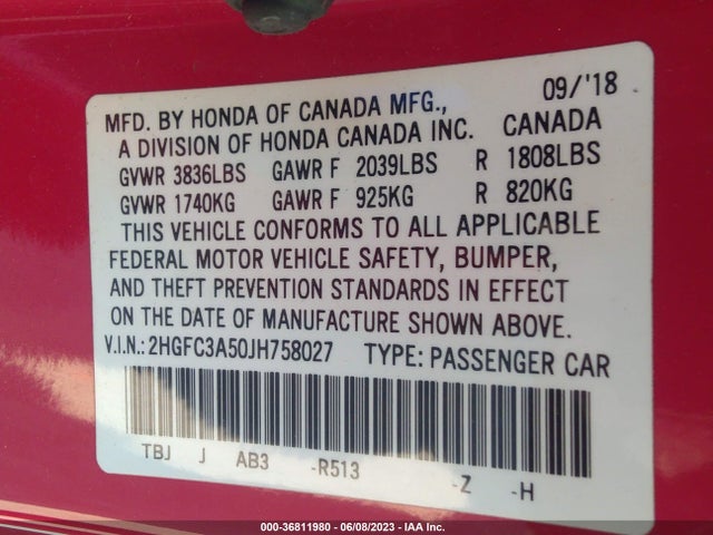 Honda CIVIC SI COUPE 2018 2HGFC3A50JH758027 Image 9