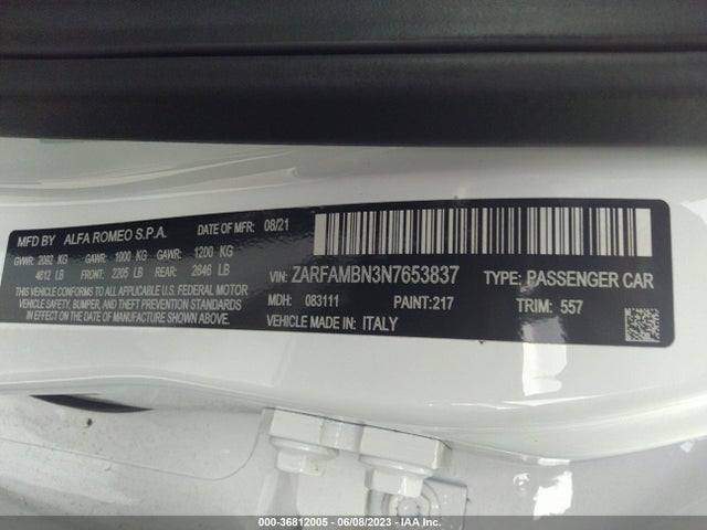 2022 Alfa Romeo Giulia, VIN: ZARFAMBN3N7653837