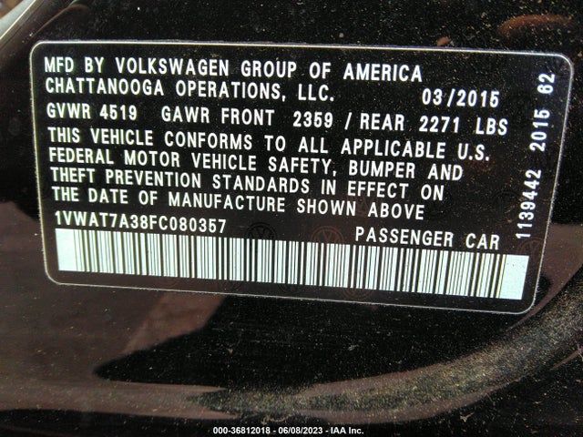 1VWAT7A38FC080357 Volkswagen Passat 1.8t Limited Edition