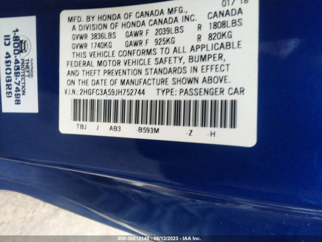 Honda CIVIC SI COUPE 2018 2HGFC3A59JH752744 Image 9