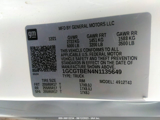 2022 CHEVROLET COLORADO 4WD WORK TRUCK VIN: 1GCGTBEN4N1135649