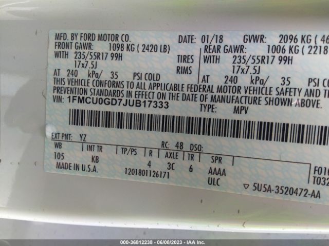 1FMCU0GD7JUB17333 Ford ESCAPE SE