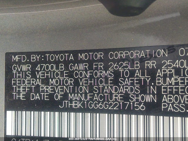 JTHBK1GG6G2217156 Lexus ES 350