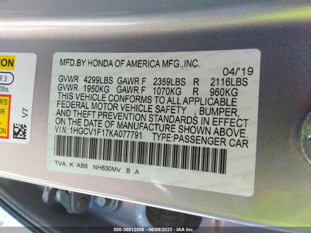 2019 HONDA ACCORD SEDAN LX 1.5T VIN: 1HGCV1F17KA077791